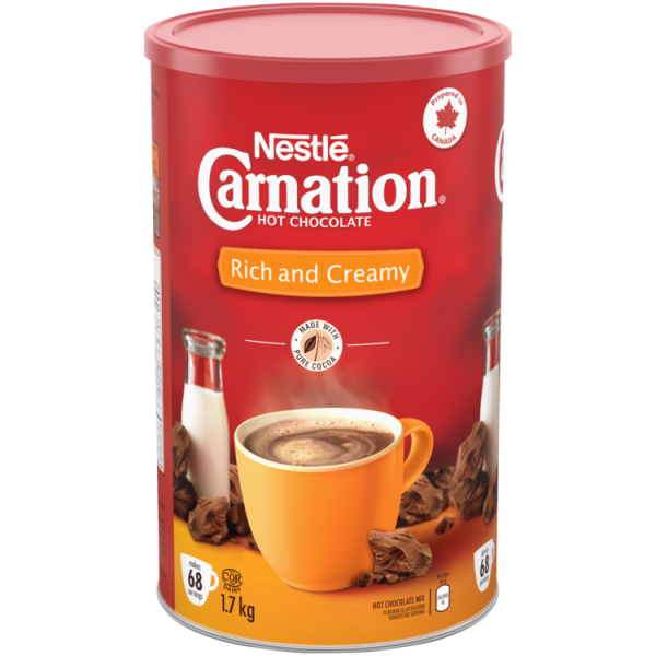 Title text placeholder CARNATION Poudre de chocolat chaud riche et crémeuse. 1,7 kg donne 68 portions.