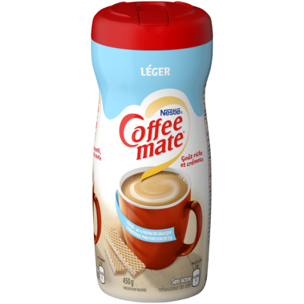 Title text placeholder COFFEE-MATE Léger, 50% moins de matières grasses, 450 grammes.