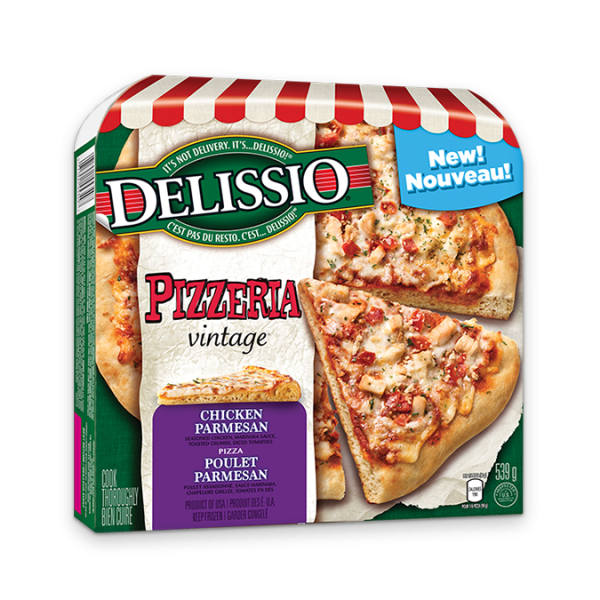 Title text placeholder DELISSIO Pizzeria Vintage, pizza au pepperoni, 530 grammes.