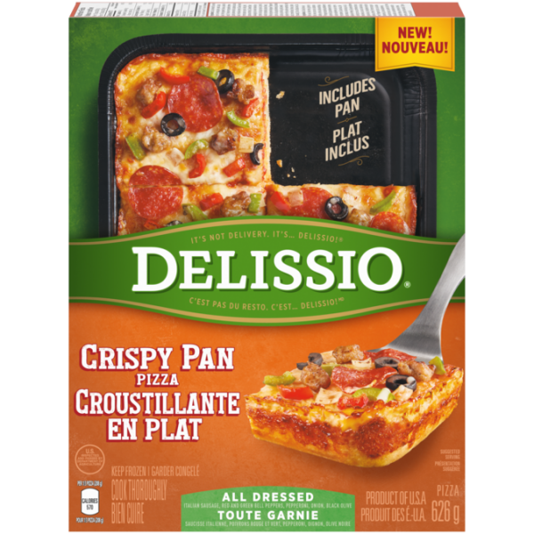 Title text placeholder DELISSIO Crispy Pan All Dressed pizza, 626 grams.