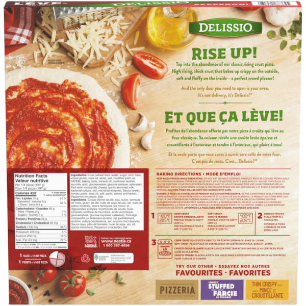 Title text placeholder DELISSIO Rising Crust Pepperoni, Ingredients and nutritional Information.