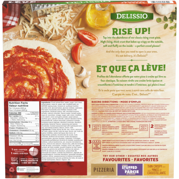 Title text placeholder DELISSIO Pizza Burger Fromage à Croûte Levée Bacon, Ingrédients et Information Nutritionnelle.
