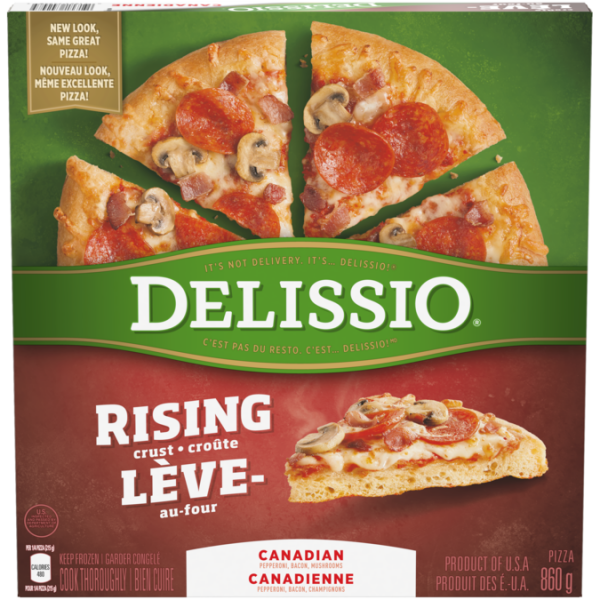 Title text placeholder DELISSIO Rising Crust Canadian Pizza, 860 grams.