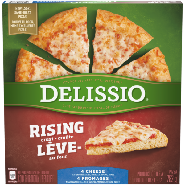 Title text placeholder DELISSIO Rising Crust 4 Cheese pizza, 782 grammes.