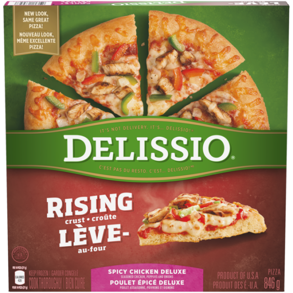 Title text placeholder DELISSIO Rising Crust Spicy Chicken Deluxe Pizza, 846 grams.