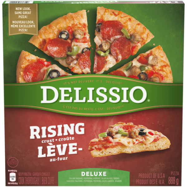 Title text placeholder DELISSIO Rising Crust Deluxe Pizza, 888 grams.