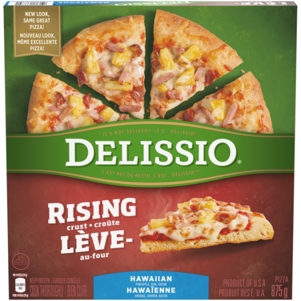 Title text placeholder DELISSIO Rising Crust Hawaiian Pizza, 875 grams.