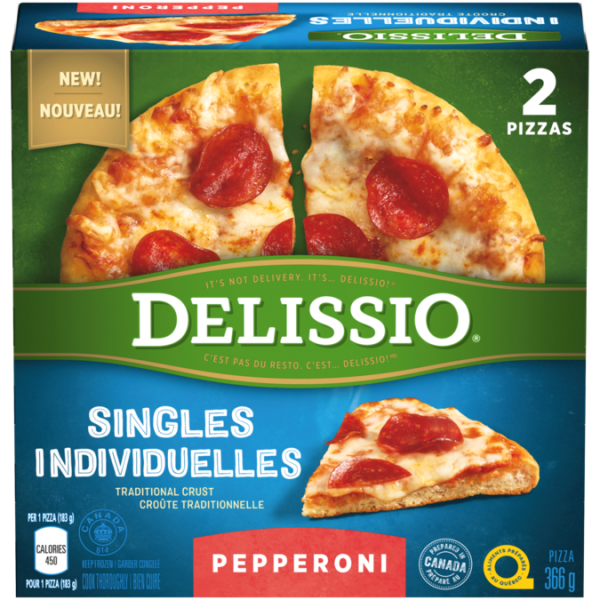 Title text placeholder DELISSIO Singles Pepperoni Pizza, 2 x 183 grams.