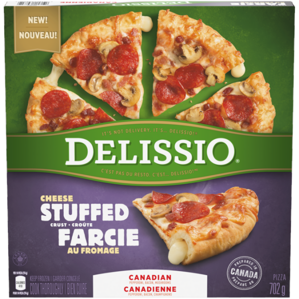 Title text placeholder DELISSIO Stuffed Crust Canadian Pizza, 702 grams.