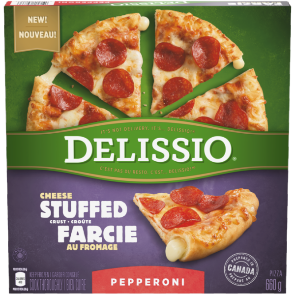 Title text placeholder DELISSIO Pizza au pepperoni à croûte farcie, 660 grammes.