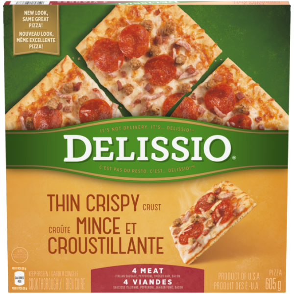 Title text placeholder DELISSIO Pizza 4 viandes en croûte mince et croustillante, 525 grammes.