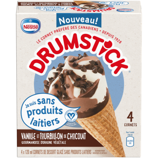 Title text placeholder DRUMSTICK Cornets de dessert glacé à la vanille et au chocolat sans produits laitiers, 4 cônes de 120 ml.