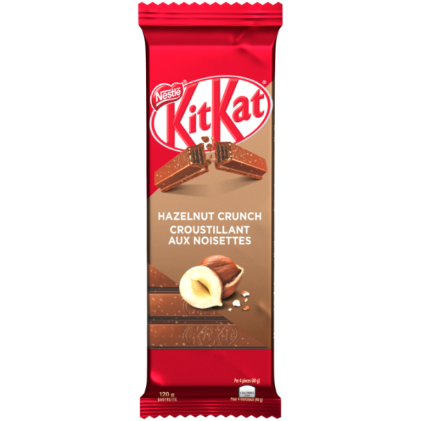 Title text placeholder KIT KAT Chocolate Hazelnut Crunch, 120 grams.