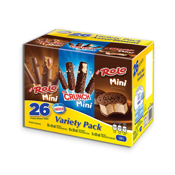 Title text placeholder Confectionery Frozen Variety Pack: 10 x 45 ml Rolo bars, 6 x 65 ml Rolo Sandwiches, 10 x 50 ml Crunch bars.