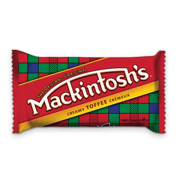 Title text placeholder MACKINTOSH Creamy Toffee Bar, 45 grams.