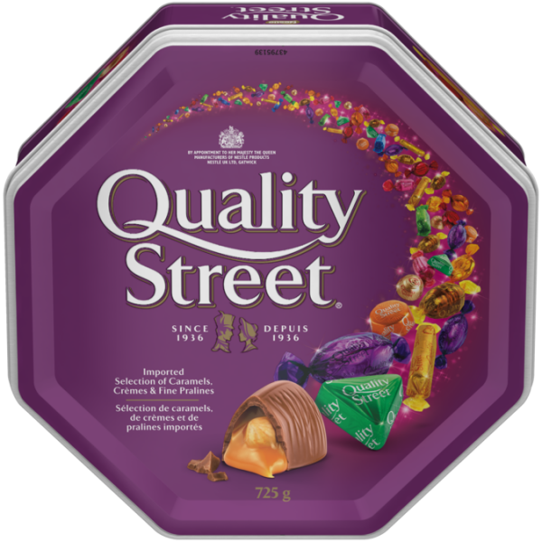Title text placeholder QUALITY STREET Celebration Tin, 725 grams. Assortment of caramels, crèmes, and chocolate pralines.