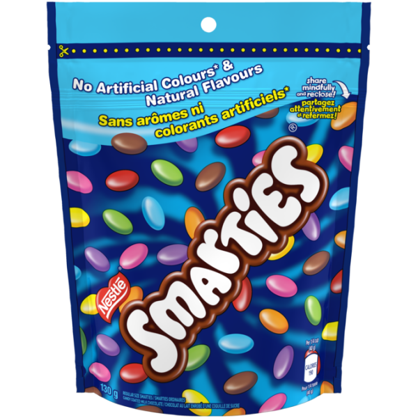 Title text placeholder Chocolat au lait enrobé de bonbons SMARTIES, sachet refermable, 230 grammes.