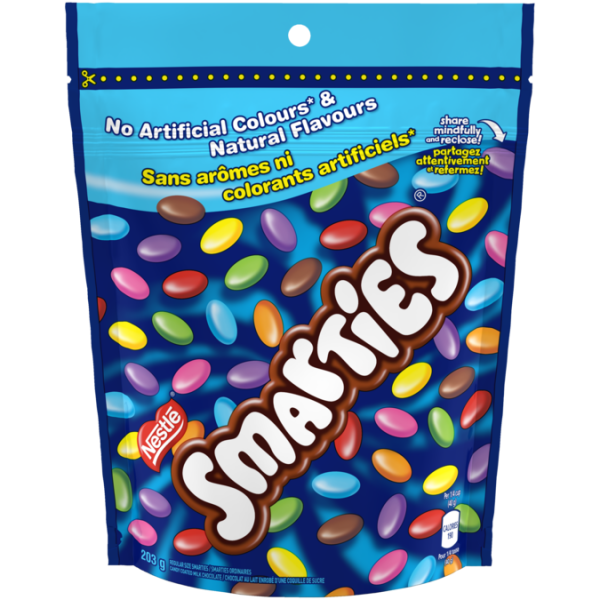 Title text placeholder Chocolat au lait enrobé de bonbons SMARTIES, sachet refermable, 203 grammes.