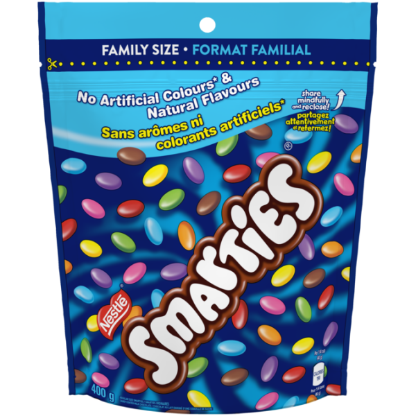 Title text placeholder Chocolat au lait enrobé de bonbons SMARTIES, sachet refermable, 400 grammes.