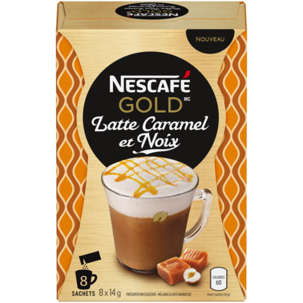 Title text placeholder Café instantané NESCAFÉ GOLD Toffee Nut Latte, 8 sachets de 14 grammes.