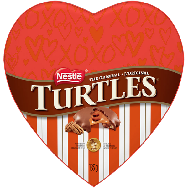 Title text placeholder TORTUES Coeur. Caramel soyeux et pacanes croquantes drapés d'un chocolat riche et crémeux. 183 grammes.