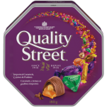 Boîte de fête QUALITY STREET, 180 grammes. Assortiment de caramels, crèmes et pralines au chocolat dans un coffret de vacances.