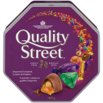 Boîte de fête QUALITY STREET, 180 grammes. Assortiment de caramels, crèmes et pralines au chocolat dans un coffret de vacances.