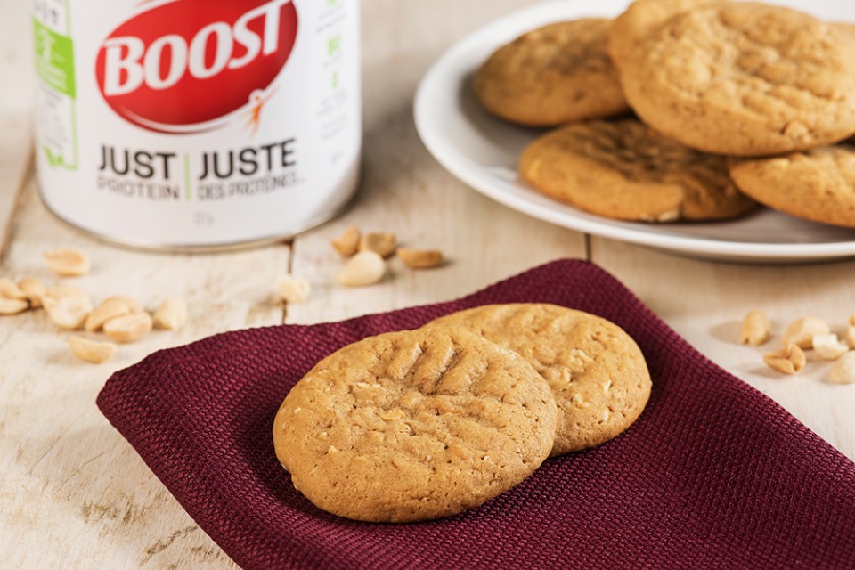 BOOST Just Protein Peanut Butter Cookies recipe. Delicious peanut butter cookies, coconut sugar and roasted peanuts.