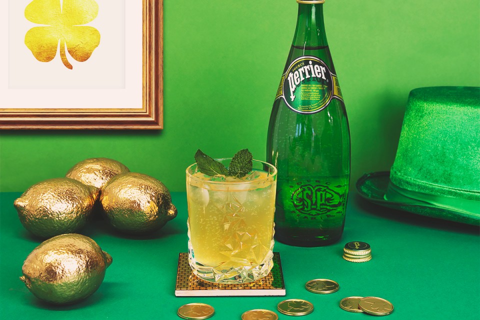 PERRIER Golden Lass sparkling drink recipe. Perfect for St. Patty's Day.
