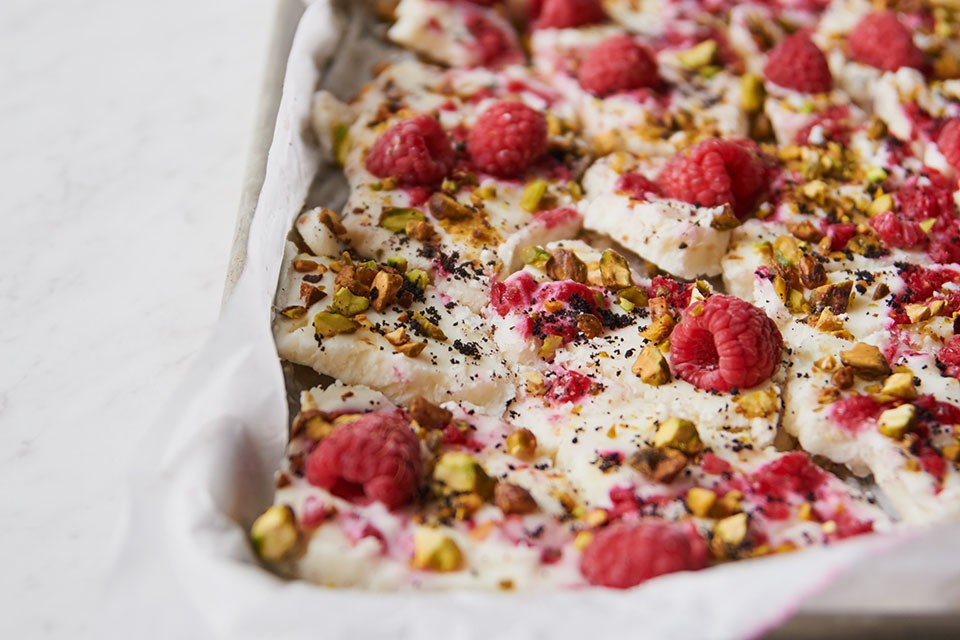 Raspberry Acai Frozen Yogurt Bark Recipe. A delicious breakfast treat made with CARNATION Breakfast Essentials Powder Drink Mix.