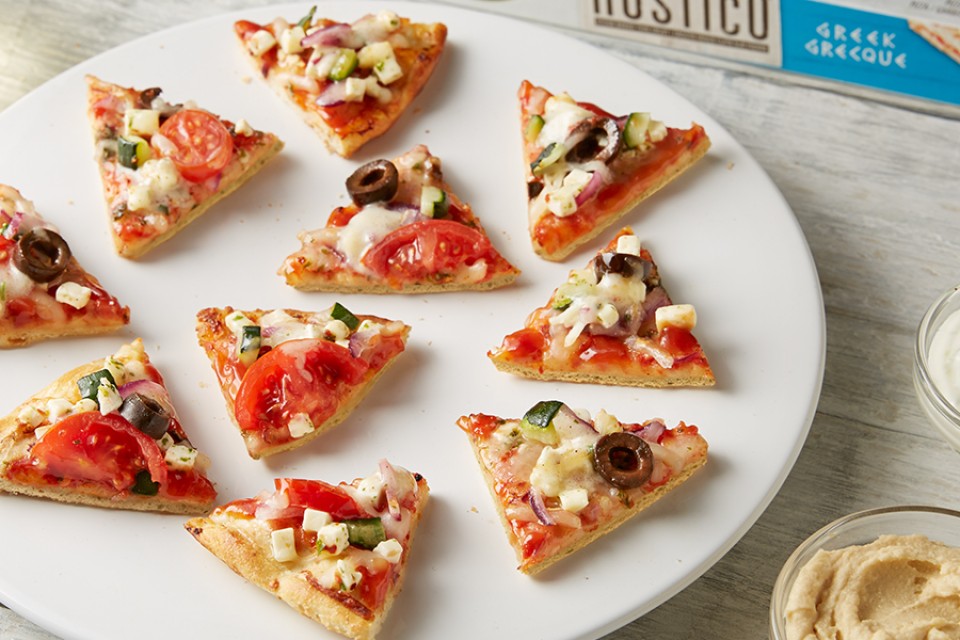 RUSTICO Greek pit-za wedges recipe - with a pair of authentic Greek dips.