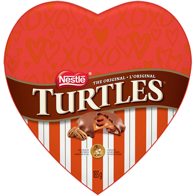 Title text placeholder TURTLES Heart. Silky smooth caramel and crunchy pecans draped in rich, creamy chocolate. 183 grams.